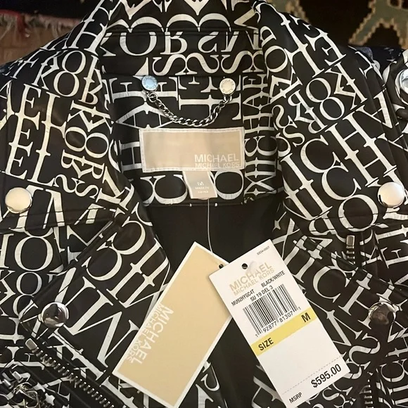 Michael Kors newsprint logo leather Moto jacket